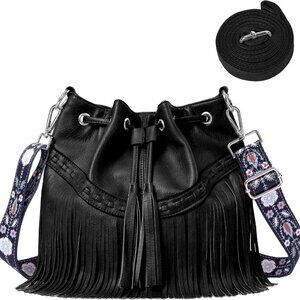 Women Bucket Fringe Hobo Bag Western Purse Vegan Leather Tassel Hippie Shoulder